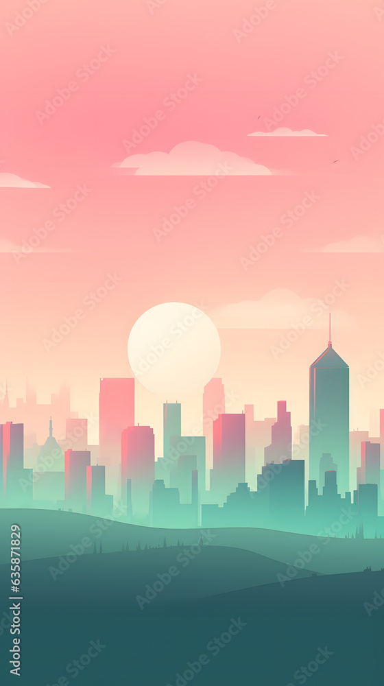 Soft mint and pastel gradient minimalistic cityscape silhouette skyline hd phone wallpaper, ai generated
