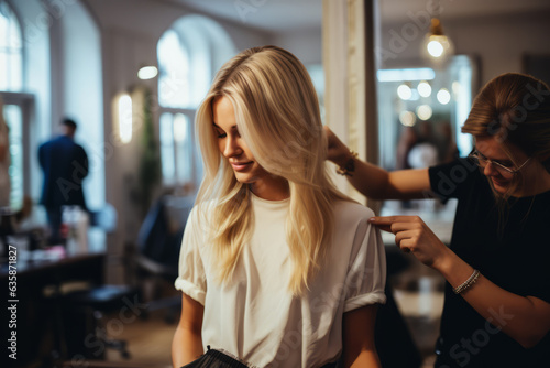 A beautiful blonde woman patiently getting a shampoo, conditioner and haircut at the hairdresser or hair salon. Healthy hair, advertising and marketing. Luxury lifestyle, glamour and style. 