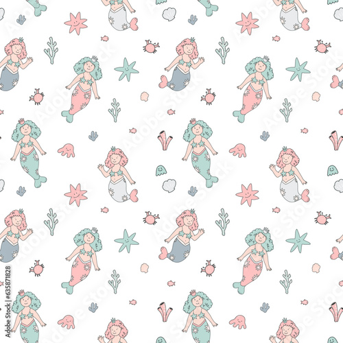 Beautiful vector seamless pattern with cute hand drawn mermaids and sea life.
