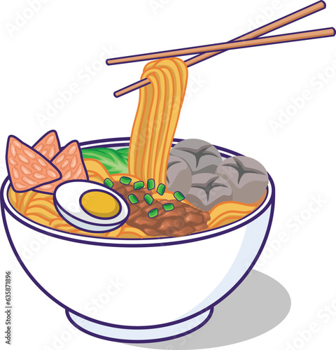 Noodles with chopsticks in a bowl. Vector chicken noodles with meatballs, egg, and dumplings. For design elements, mascot, logo, menu, advertising, banners, stickers or t-shirt designs.