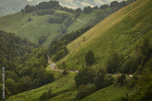 The cyclists of the Tour de France peloton is recorded by the French television helicopter during the ascent to Col de Soudet, in the French Pyrenees region