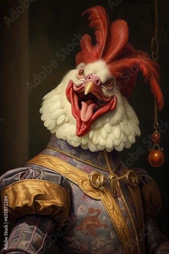 Portrait, Hen, Rooster, Chicken, Court, Buffoon, Ministrel, Jongleur, Renaissance, Medieval. CACKLE OF THE COURT. A hen dressed up as a court jester in perfect medieval style. Half-lenght shot.