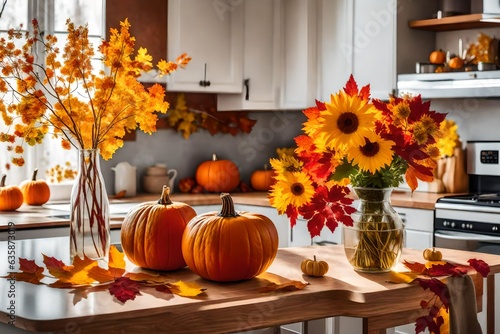 Autumn kitchen interior. Red and yellow leaves and flowers in the vase and pumpkin on light background   Generative ai