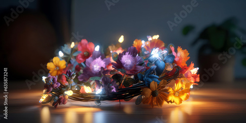  Close up of decorative flowers with garland. Botanical, floral design. Generative ai