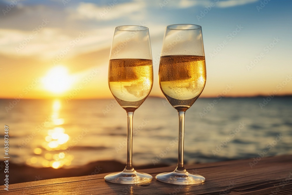 glass of wine on the table sunset on the sea