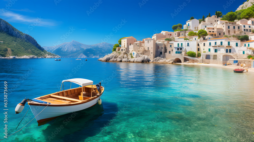 Fototapeta premium Immerse yourself in the captivating beauty of the Mediterranean Sea with this breathtaking image. Crystal-clear waters glisten under the warm Mediterranean sun, gently lapping against picturesque sand