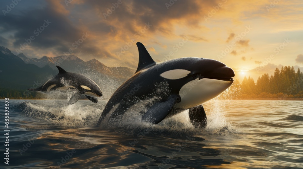 Fototapeta premium Mother orca whale and calf leaping into the air over a child raising his fist and standing on rocks in the ocean