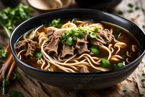Close-up of beef noodle soup served in a bowl , Generative ai