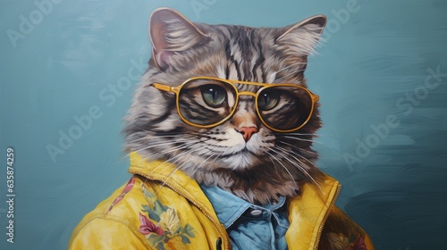 3d ironic portrait, Cat, Retro, Vintage, Yellow, Sunglasses, Dressed, Wallpaper. EARLY EIGHTIES CAT. Kitten with yellow flashy jacket, sunglasses, blue shirt. Flowers as a decoration on the dress.