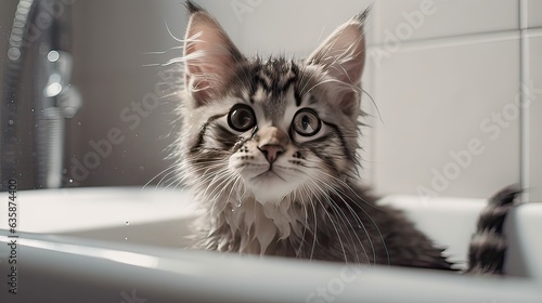 A wet kitten in the bathtub, with foam and water splashing close up. 