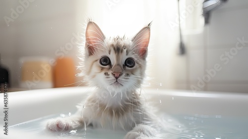 A wet kitten in the bathtub, with foam and water splashing close up. 