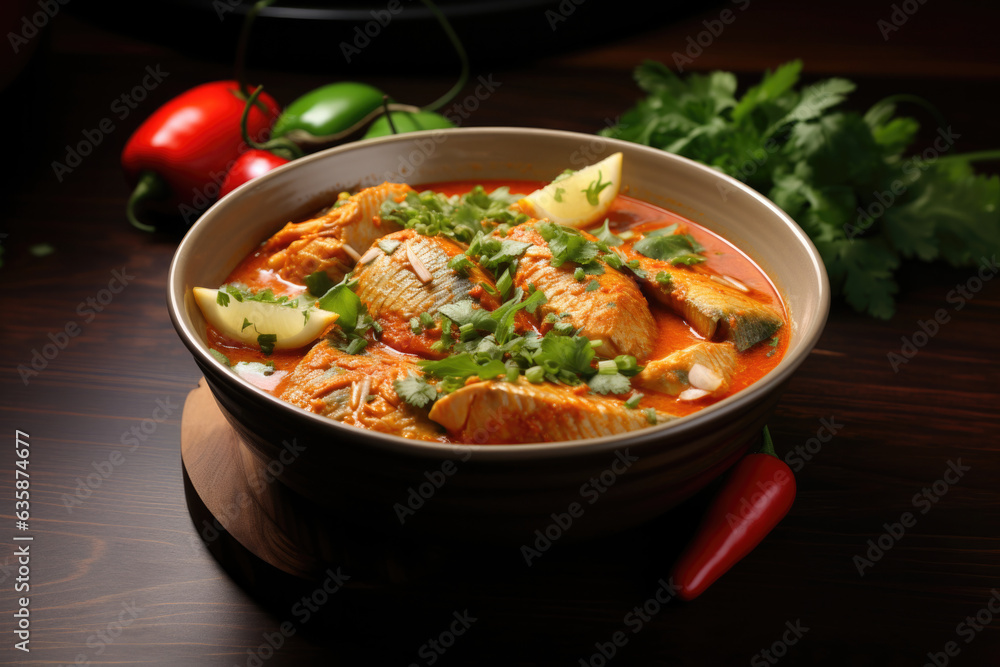 Indian spicy fish curry served in a bowl, moody background