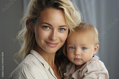Pretty woman holding baby in her hands. Bright portrait of loving mom carying of her child at home.