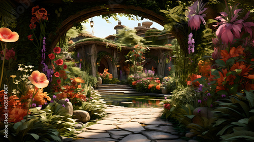 entrance to the fabulous garden of flowering plants, flowers, various shapes, palettes of green tones, bright textures, beautiful background