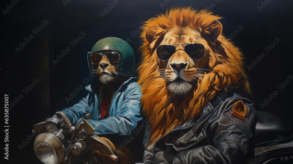 Motorcyclist lion, Biker, Rider, Motorcycle, Motorbike, American, USA, Sunglasses, Wallpaper. WILD COMPANIES. Lions on sidecar. Green helmet, blue denim. Friend with biker leather jacket. Motorcyclist lion, Biker, Rider, Motorcycle, Motorbike, American, USA, Sunglasses, Wallpaper. WILD COMPANIES. Lions on sidecar. Green helmet, blue denim. Friend with biker leather jacket.