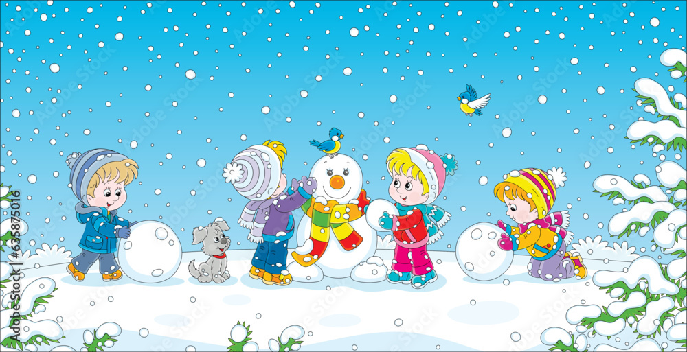 Obraz premium Happy little kids making big snow balls and sculpting a funny toy snowman with a colorful striped scarf on a beautiful winter day in a snowy park, vector cartoon illustration