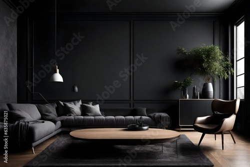Dark living room interior with black empty wall , Generative ai