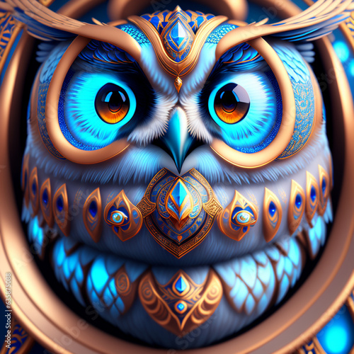 A digital painting of an owl with blue eyes