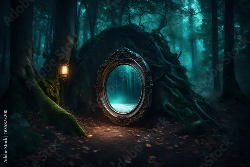 Dark mysterious forest with a magical magic mirror, a portal to another world. Night fantasy forest , Generative ai