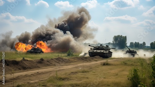 armored tanks cross a minefield during war, counterattack, tanks in the field
