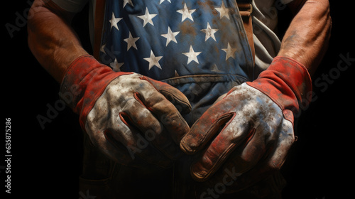 Worker with gloves and clothes in the colors of the U.S. flag