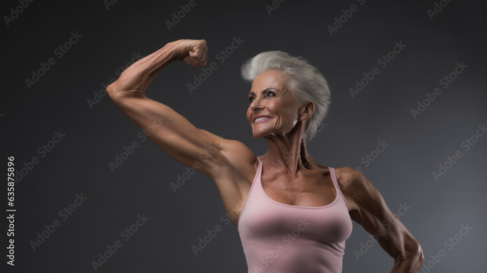 Obraz premium Older woman in great physical shape shows her biceps on gray background.