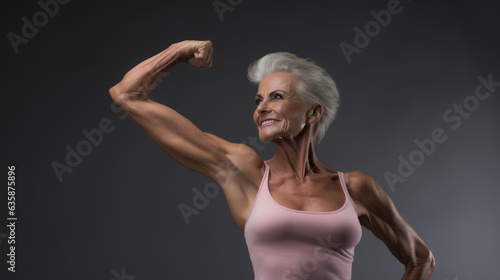 Photographie Older woman in great physical shape shows her biceps on gray background
