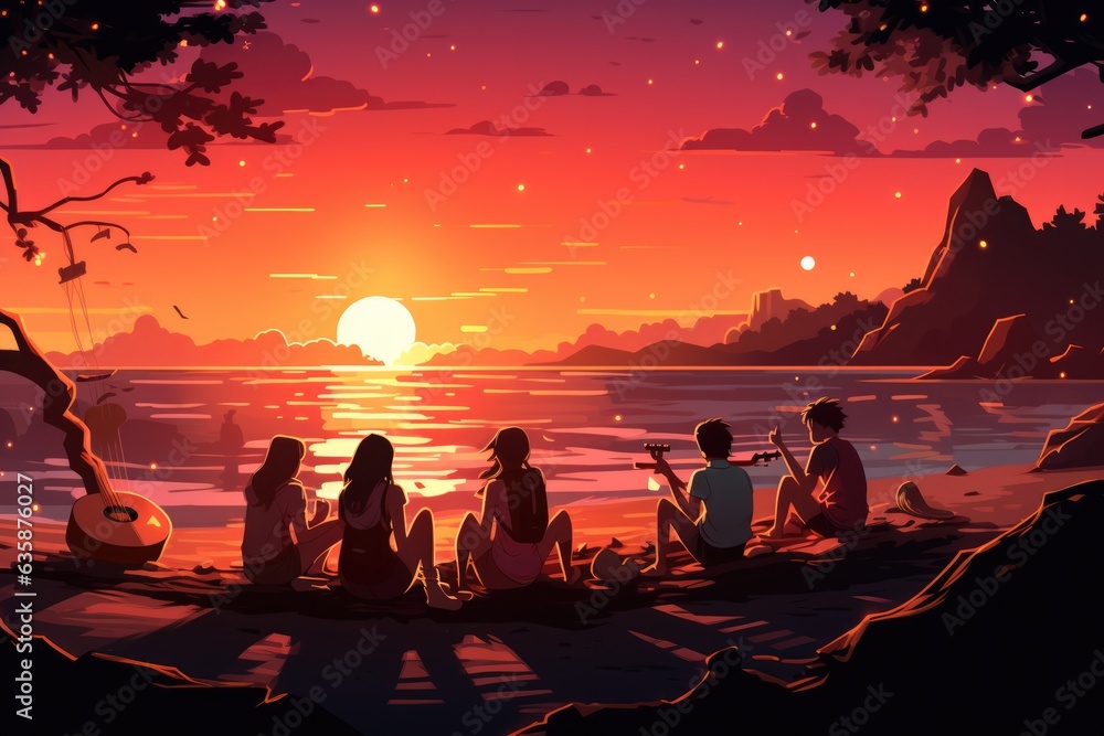 Beach Bonfire Illustrate a group of young people - colorfull graphic novel illustration in comic style - obrazy, fototapety, plakaty 