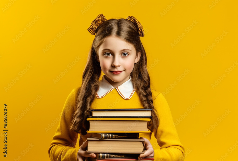 Adorable Smart Girl with Glasses Holding a Stack of Books on Orange Background - AI generated Adorable Smart Girl with Glasses Holding a Stack of Books on Orange Background - AI generated