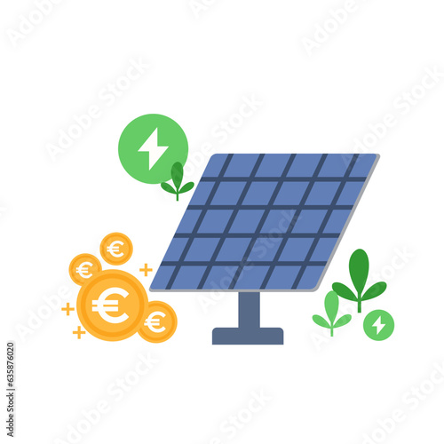 PV panels for saving money euro. Renewable energy concept. Vector illustration isolated on white.