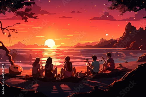 Beach Bonfire Illustrate a group of young people - colorfull graphic novel illustration in comic style