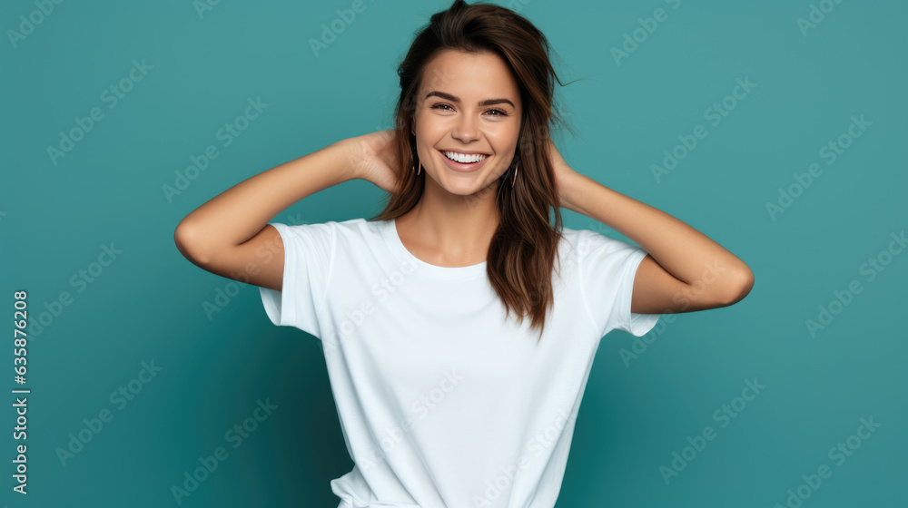 Young female standing in front of camera in white T-shirt , isolated on blue background Young female standing in front of camera in white T-shirt , isolated on blue background