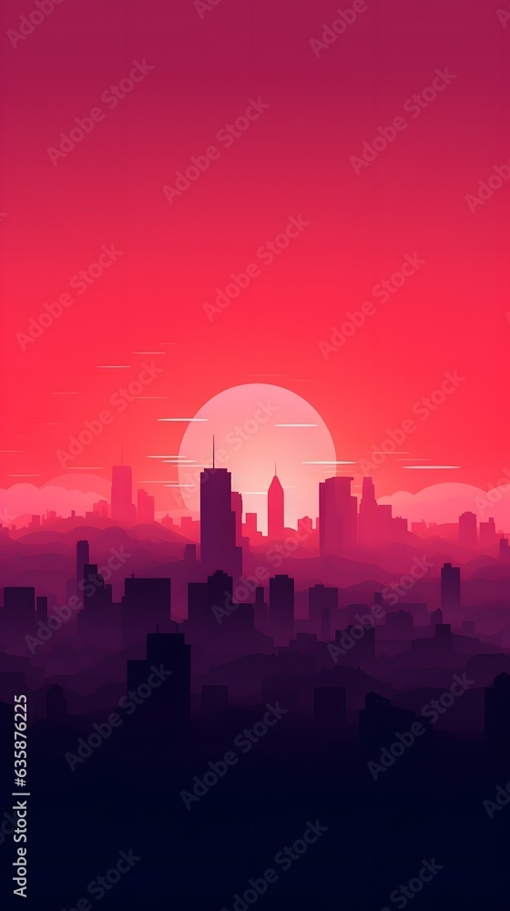 Crimson red gradient minimalistic cityscape silhouette skyline hd phone wallpaper, ai generated