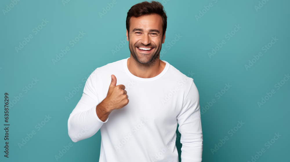 Man standing in front of camera in white T-shirt , isolated on blue background Man standing in front of camera in white T-shirt , isolated on blue background