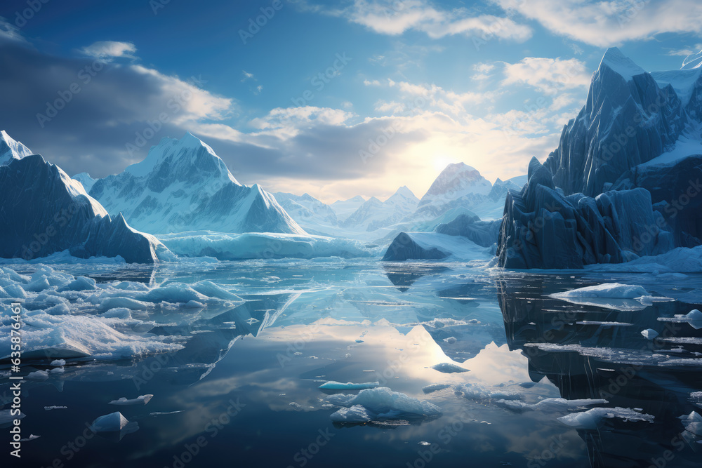 Majestic glacier standing tall amidst a frozen landscape, ai generated. Majestic glacier standing tall amidst a frozen landscape, ai generated.
