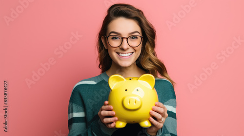 A happy Caucasian woman with glasses in a blue casual jumper holds a yellow piggy bank on a pink background. Created with Generative AI technology. photo