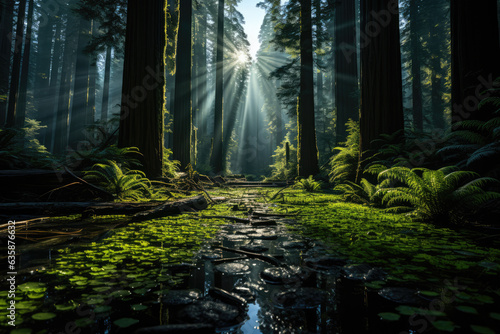 towering redwood forest, where sunlight filters through the canopy, ai generated.