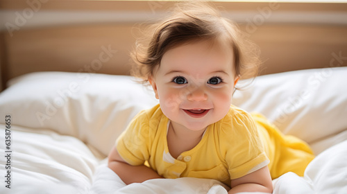 Wallpaper Mural Cute little infant sitting on bed Torontodigital.ca