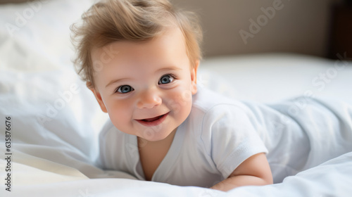 Wallpaper Mural Cute little infant sitting on bed Torontodigital.ca