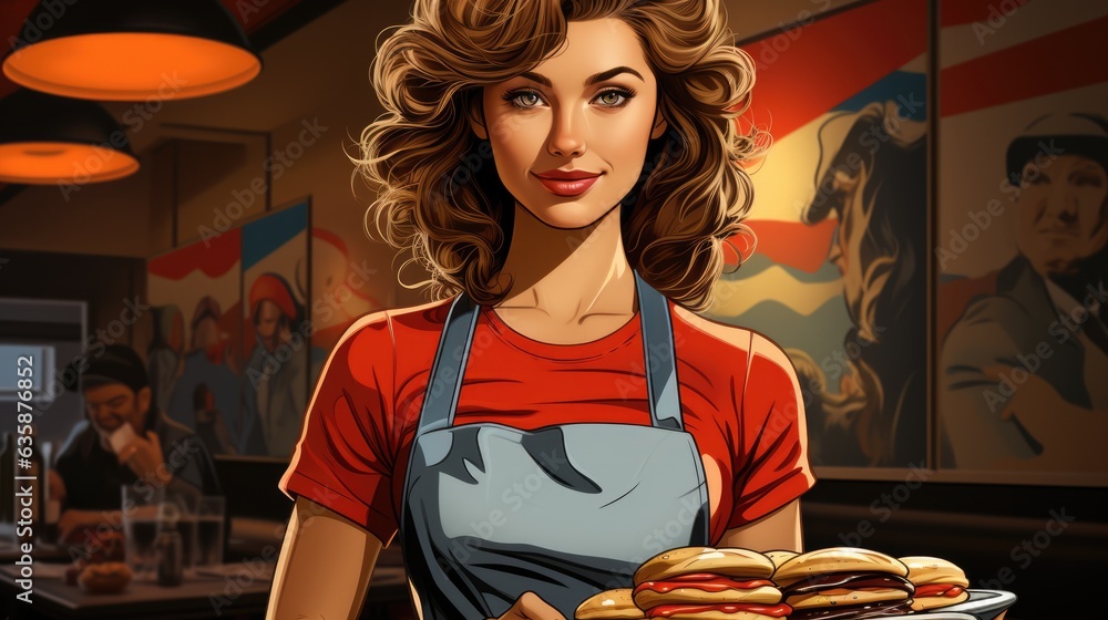 Friendly female waitress in an American Diner serving - colorfull graphic novel illustration in comic style - obrazy, fototapety, plakaty 