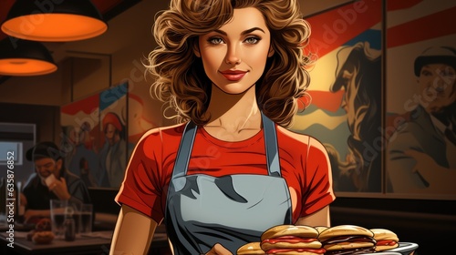 Friendly female waitress in an American Diner serving - colorfull graphic novel illustration in comic style