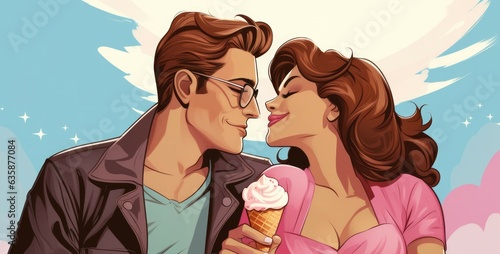 Marvel Comics Style Couple in Love eating icecream - colorfull graphic novel illustration in comic style