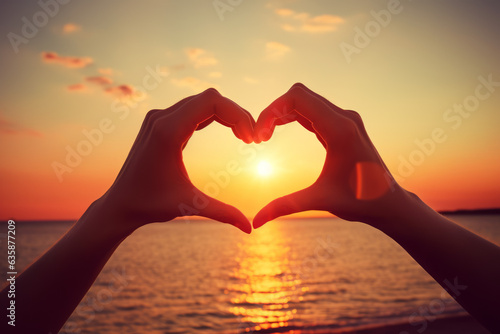 A close-up of hands forming a heart shape with a beautiful sunset in the background - love and togetherness concept Ideal for romantic themes and greeting cards