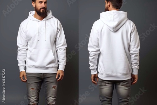 White hoodie mockup. Man in a white hoodie, front and back. Generative AI