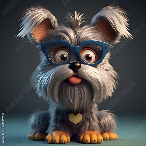 Cute dog with glasses and a heart in his mouth  3d illustration photo