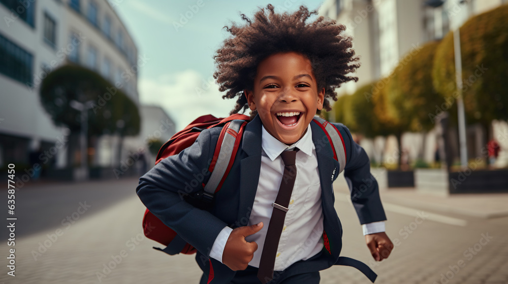 smiling african american schoolboy running in the neighbourhood on an autumn day