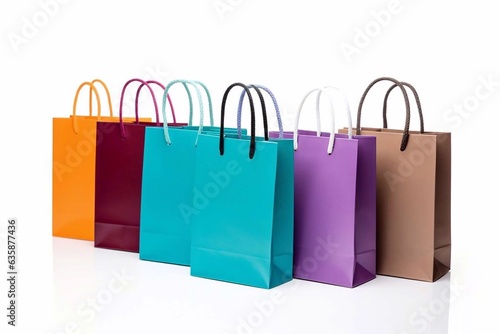 Colorful shopping bags. Empty mockup on a white background. Generative AI