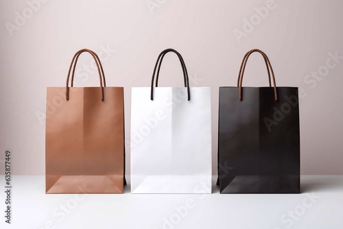 Shopping bags. Craft a brown, black and white paper bag. Empty mockup on a white background. Generative AI