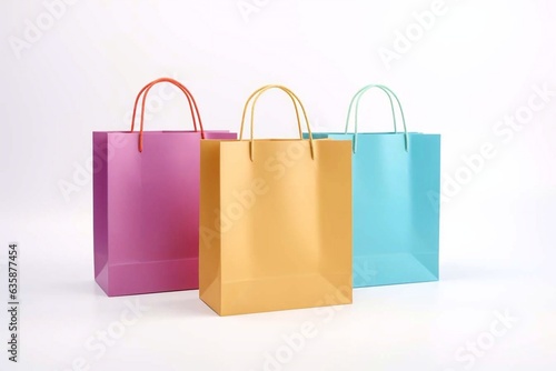 Three Colorful shopping bags. Empty mockup on a white background. Generative AI