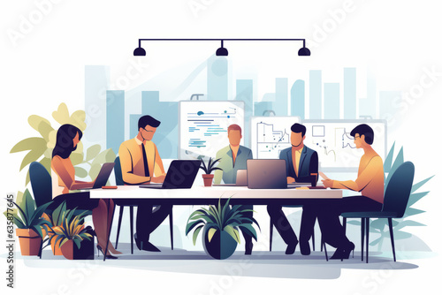 A group of business professionals collaborating around a conference table with laptops and notepads - teamwork and productivity concept Perfect for corporate presentations and team-building materials